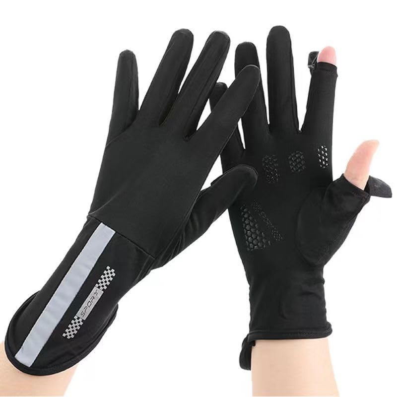 Sun Gloves for Women Men UV Protection UPF 50+, Extended-Cuff 2-Fingers-Flip Driving Gloves for Fishing, Running - color: Extended Black
