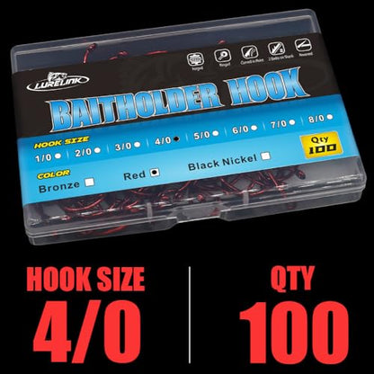 Baitholder Fishing Hooks 100 Pack - Double-Barbed Long Shank for Bluegill Bass Trout Walleye Black/Red, 8/0-#8 - color: 1-Red, size: 4/0 100-Pack