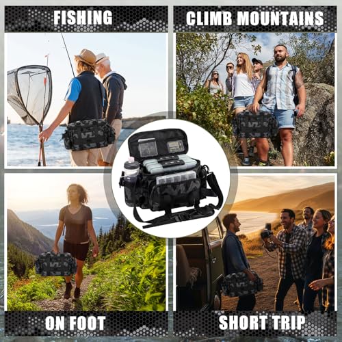 Fishing Tackle Bag with 3 Pcs 3600 Tackle Trays Expandable Soft Fishing Bag Waterproof Camouflage Gear Backpack Padded Shoulder Strap Angler Gear Storage Gifts for Fishermen(Gray) - color: Gray