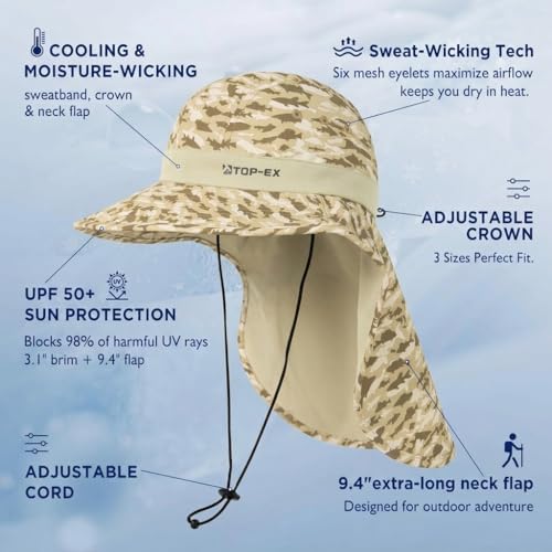 TOP-EX Cooling Sun Hat with Neck Flap – UPF 50+ Wide Brim Breathable Hat for Hiking, Fishing & Big Heads - color: Desert - Fish Camo, size: X-Large-XX-Large