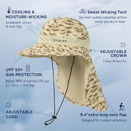 TOP-EX Cooling Sun Hat with Neck Flap – UPF 50+ Wide Brim Breathable Hat for Hiking, Fishing & Big Heads - color: Desert - Fish Camo, size: X-Large-XX-Large