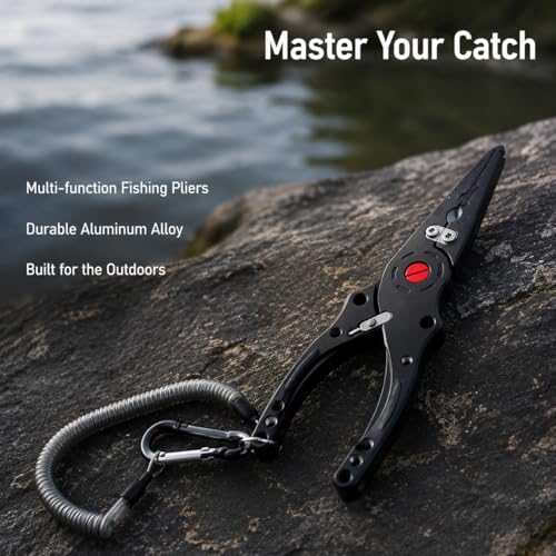 Qianly Aluminum Alloy Fishing Pliers with Cutter, Hook Removal & Split Loop Tool, Nylon Sheath Included, 300g Lightweight, Black - color: Black