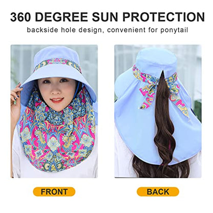 Women Wide Brim Face Mask Sun Hat Detachable Neck Face Flap Ponytail UV Protection Visor Hat Garden Fishing Hiking - color: M9099-tianlan