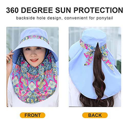 Women Wide Brim Face Mask Sun Hat Detachable Neck Face Flap Ponytail UV Protection Visor Hat Garden Fishing Hiking - color: M9099-tianlan