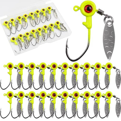 Crappie Jig Heads Fishing Lures Kit, 15pcs Underspin Jig Heads with Spinner Blade Crappie Lures Eye Ball Head Painted Fishing Jigs for Bass, Trout, Panfish, Sunfish - color: Chartreuse, size: 1.75g(1/16oz)-15pcs