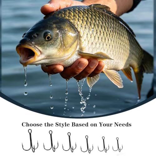 50pcs High Carbon Steel Fishing Treble Hooks - Super Sharp Solid Triple Barbed 3X Strong Professional V Design, Size 4/6/8/10/12/14, Saltwater and Freshwater Replacement Hooks - size: 3x-6#