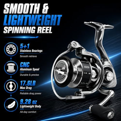 3000 Spinning Reel, 5.2:1 Gear Ratio, CNC Aluminum Spool, 5+1 BB | Lightweight Spinning Reel with 5.2 to 1 Gear Ratio 5 Plus 1 Bearings CNC Aluminum Spool and Reversible Screw In Handle