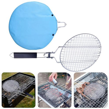 Angoily Grill Basket, Round BBQ Basket Vegetable Roasting Grilling Rack, Portable Stainless Steel Folding Fish Net, Removable Handle Meat Clamp, Outdoor Barbecue Campfire Cookware Accessories