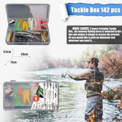 EXAURAFELIS Fishing Lures Tackle Kit, Mixed Hard & Soft Baits Metal Spoons Fishing Accessories for Bass Trout Pike Freshwater Saltwater Fishing - color: 142pcs