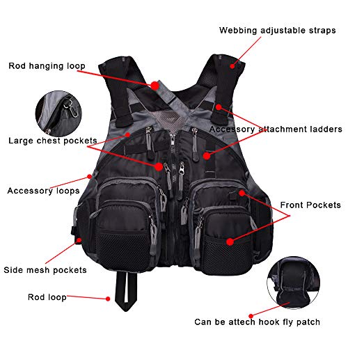 Waxaya Lightweight Fly Fishing Vest with Multi Pockets Adjustable Size Mesh Fishing Backpack for Men and Women - color: Black
