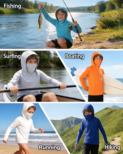 Boys Hooded Fishing Shirt with Mask, Kids UPF 50+ Long Sleeve Rash Guard Hoodie, Sun Protection Beach Swim Shirts - color: Light Blue, size: XX-Large