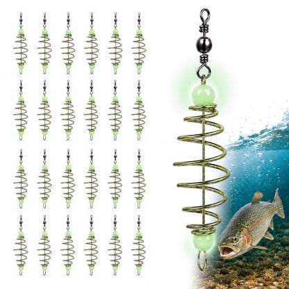 24Pcs Glowing Carp Fishing Method Feeder, Olive Shape Spring Bait Holder Cage with Luminous Beads, Inline Feeder Rig for Chicken Liver Pack Bait, Professional Fishing Accessories for Lake Rive