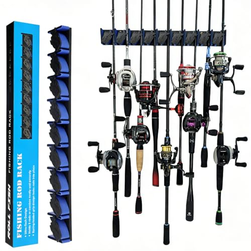 Vertical Fishing Rod Storage Rack Wall Mounted Pole Holder Rack Holds 9 Rods Combos Blue - color: Blue