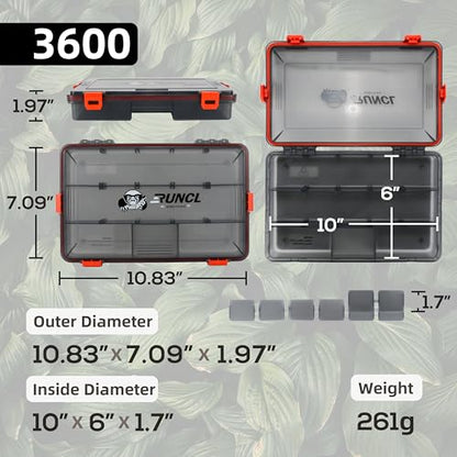 RUNCL Fishing Tackle Box, Waterproof Airtight Stowaway, 3600/3700 Tray Tackle Box with Adjustable Dividers, Plastic Storage Organizer(2pcs 3600) - color: 2pcs 3600
