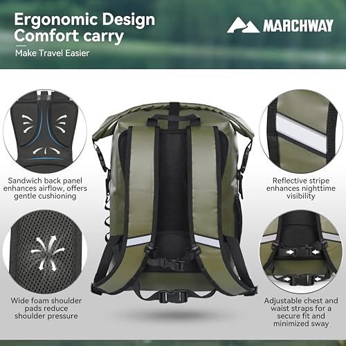 MARCHWAY Roll Top Waterproof Backpack, Floating Dry Bag 20L/30L/45L with Ergonomic Rectangular Base, Cushioned Back, Hip Strap for Hiking Camping Kayaking Travel (Army Green, 20L) - color: Army Green, size: 20L