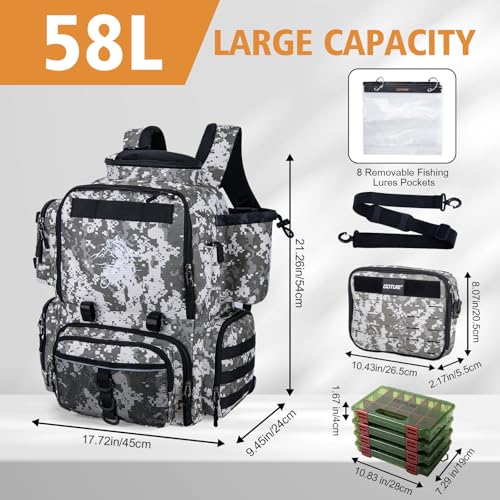 Goture Fishing Backpack with 4 Tackle Boxes,58L 900D Water-Resistant Tackle Backpack with Cooler,Rod Holders,8 Lure Pockets, Detachable Crossbody Bag,Gear Storage Large Fishing Bag for Camping Hiking - color: D1:digital Camo With 4 Tackle Boxes