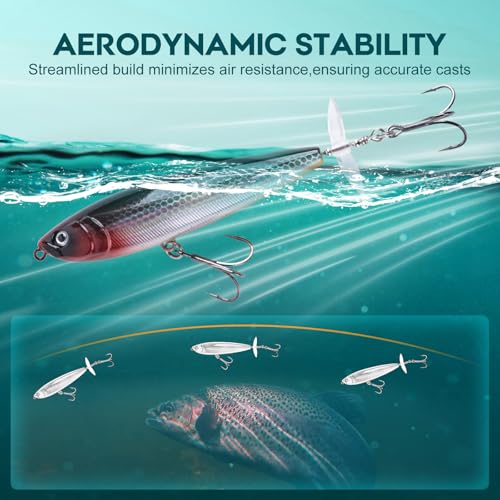 Goture Topwater Fishing Lures, Bass Popper Lure Kit, Top Water Plopper Fishing Lures with Double Blade Rotating Tail, Floating Lure for Freshwater Saltwater Bass Walleye Pike Catfish, Gifts for Men