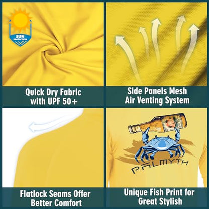 Palmyth Fishing Hoodie for Men Long Sleeve Sun Protection UV UPF 50+ Shirts - color: Yellow/Crab, size: Large