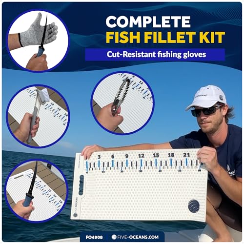 Five Oceans Fish Fillet Mat Kit 28" x 14", Complete Fishing Fish Cleaning Set with Non-Slip Fillet Mat, 24" Integrated Ruler, Fillet Knife, Cut-Resistant Gloves & Cleaning Brush, Easy-Clean - FO4908 - color: Fish Fillet Mat Kit