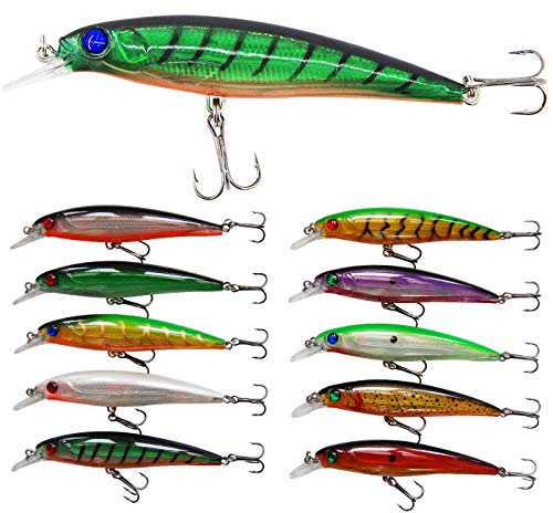 Fishing Lures Hard Bait Minnow Swimbait Crankbait Jerkbait Lure with Treble Hooks 3D Eyes Freshwater Saltwater Fishing Lures for Bass Trout Walleye Pike Catfish - color: B-10pcs-4.5in/0.46oz
