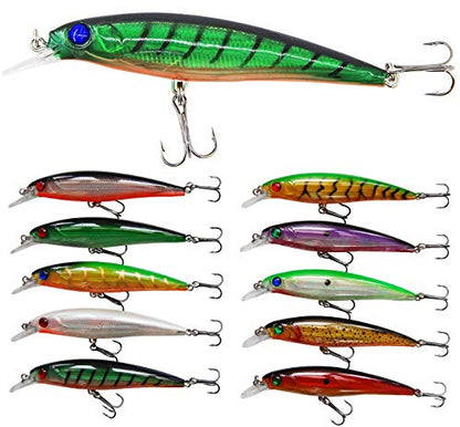 Fishing Lures Hard Bait Minnow Swimbait Crankbait Jerkbait Lure with Treble Hooks 3D Eyes Freshwater Saltwater Fishing Lures for Bass Trout Walleye Pike Catfish - color: B-10pcs-4.5in/0.46oz
