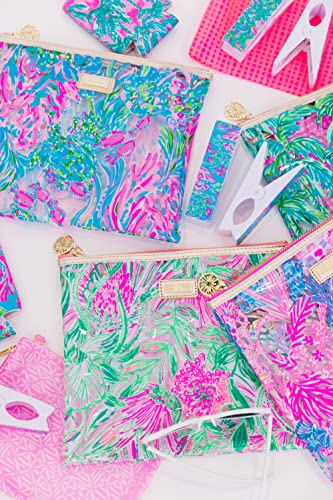 Lilly Pulitzer Water Resistant Vinyl Beach Day Pouch, Zipper Bag Includes Drink Hugger, Small Pouch, and Towel Clips - color: Best Fishes