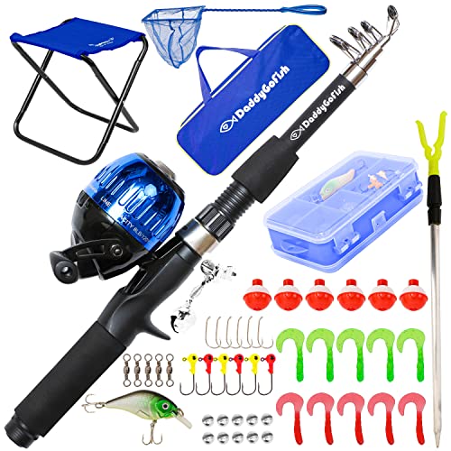 DaddyGoFish Kids Fishing Pole - Rod Reel Combo Tackle Box Starter Set - First Year Small Dock Gear Kit for Boys Girls Toddler Youth Age Beginner Little Children Junior Anglers Older Kids - color: Blue