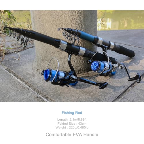2 Pack 2.1m/6.89ft Telescopic Spinning Fishing Rod Reel Combos with Carrier Bag, Lures, Pliers for Saltwater Freshwater Fishing