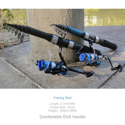 2 Pack 2.1m/6.89ft Telescopic Spinning Fishing Rod Reel Combos with Carrier Bag, Lures, Pliers for Saltwater Freshwater Fishing