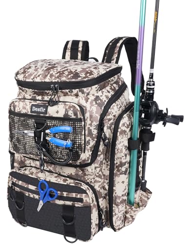 Handor Fishing Tackle Backpack, 50L Capacity, Waterproof Fishing Gear Bag (Camouflage khaki) - color: Camouflage Khaki