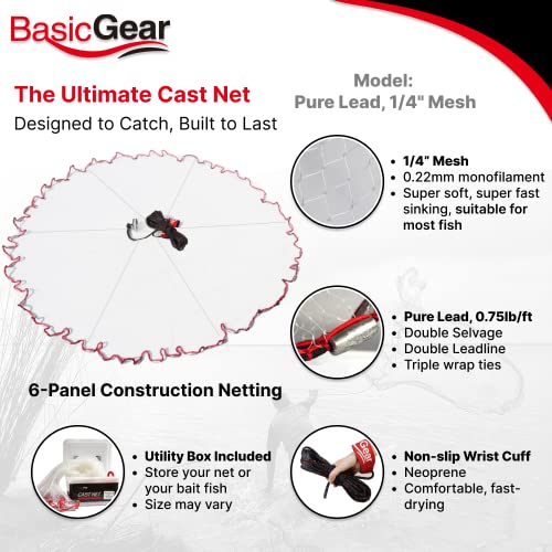 BasicGear Cast Net | Lead, 3ft-12ft Radius, 3/8 or 1/4 inch Mesh for Freshwater and Saltwater Bait Fish| Professional Grade and Upgraded Material | Throw Style - size: 5ft Radius, 1/4" Mesh