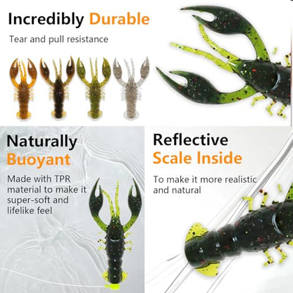 Soft Plastic Crawfish Lures Kit with Jig Heads, 25pcs/60pcs Creature Baits Fishing Lure Set for Bass Trout Pike Freshwater Fishing - color: 60pcs