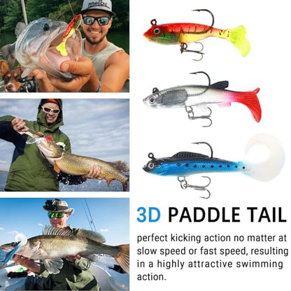15PCS Lifelike Paddle Tail Swimbaits with Jig Heads, Pre-Rigged Soft Plastic Bass Fishing Lures Set, 6 Styles Trolling Baits for Freshwater & Saltwater, Includes Tackle Box