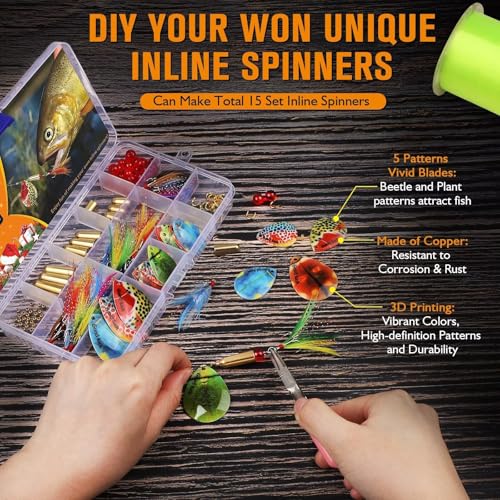 Dovesun Fishing Lure Making Kit DIY Spinner Making Kit, Inline Spinner Baits for Bass Fishing Trout Salmon Freshwater Gift for Men 228pcs/155pcs/107pcs - color: B-155PCS-Beetle Blades-Inline Spinner Making Kit