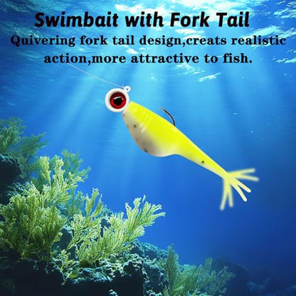 Split-Tail Crappie Lures - 24pcs Soft Plastic Lures for Bluegill, Panfish, Trout, Bass - color: Yellow-white