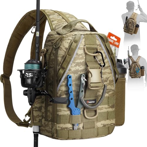 Piscifun Fishing Backpack with Rod Holder, Lightweight Sling Bag Storge Gear and Equipment - color: Khaki Camouflage, size: Standard, style: Latch