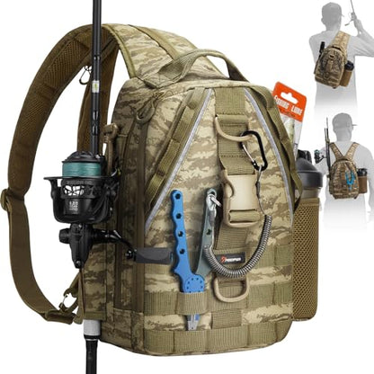 Piscifun Fishing Backpack with Rod Holder, Lightweight Sling Bag Storge Gear and Equipment - color: Khaki Camouflage, size: Standard, style: Latch