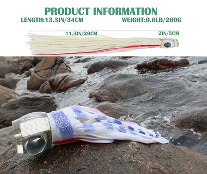 13.4Inch Fishing Trolling Lures Saltwater Trolling Skirted Lures Offshore Big Game Artificial Fishbait for Tuna Marlin Deep Sea Octopus Squid Skirts Rigged Hooks - color: colourB kit