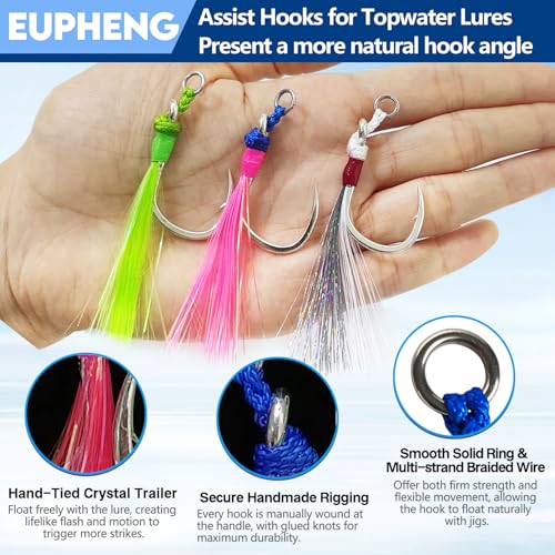 Eupheng Fishing Assist Hooks for Topwater Lures, Dancing Stinger Jigging Hooks Replacement Fishing Hooks for Freshwater & Saltwater - size: #1/0-3PCS, style: Single Assist Hooks for Topwater Lures