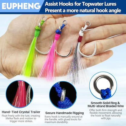 Eupheng Fishing Assist Hooks for Topwater Lures, Dancing Stinger Jigging Hooks Replacement Fishing Hooks for Freshwater & Saltwater - size: #3/0-3PCS, style: Single Assist Hooks for Topwater Lures