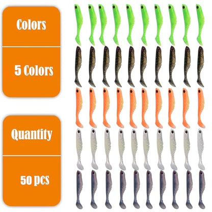 50pcs Paddle Tail Swim Baits Ripple Shad Fishing Soft Bait Power Bait Fishing Soft Plastic Lures for Saltwater Freshwater Fishing