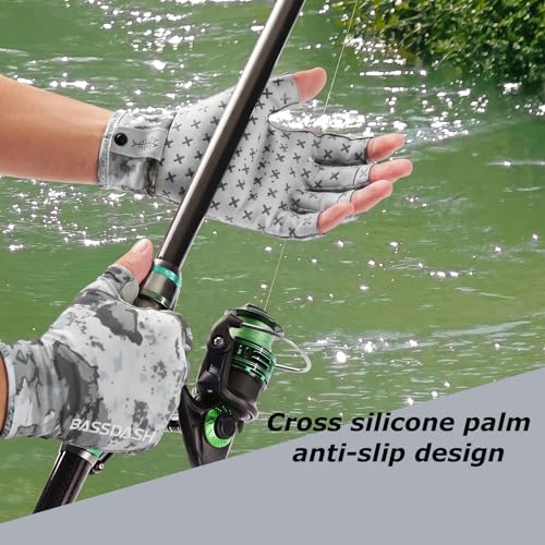 BASSDASH 3/4 Finger UPF 50+ Sun Gloves Breathable Anti-Slip Silicone Palm for Men Women Fishing Fingerless Cycling Running - color: Grey Abstract Camo, size: X-Large