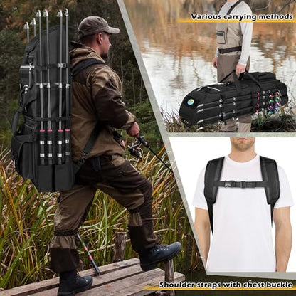 Rexmica Fishing Rod Tackle Bag Fishing Backpack Holds 8 Rods & Reels | Large Compartment, Tactical Molle System, Holds 5pack 3700 Tackle Box, 8 Rod Holder, for Tackle Box/Fishing Gear/Fishing Pole