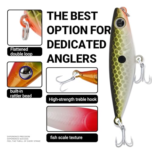 3D Lifelike Fishing Lures with Zigzag Action – Topwater Hard Bait Jigs for Bass, Trout, Walleye, Pike, Salmon – 5 Pc, High Carbon Steel Treble Hooks, Fresh/Saltwater