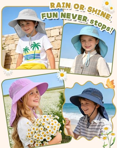 Rosoz Kids Sun Hat with Neck Flap UV Protection Summer Toddler Beach Hat Unisex Ponytail Hat Wide Brim Fishing Hat - color: Navy Blue+white