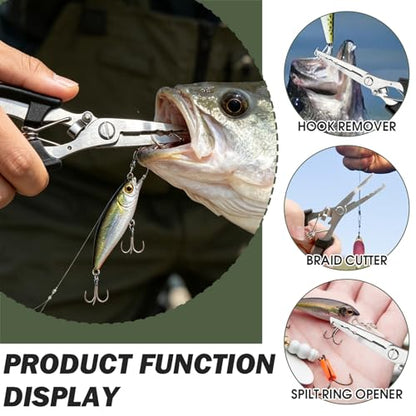 Stainless Steel Fishing Pliers with Braid Line Cutter and Split Ring Tip, Saltwater Resistant Fishing Tool for Men, Black, 7.8-Inch