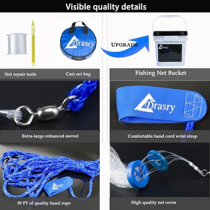 Drasry Saltwater Fishing Cast Net for Bait 3/8 1/4 or 1/2 with Heavy Sinkers Fish Trap Throw Net. Size 3ft/4ft/5ft/6ft/7ft/8ft/9ft/10ft Radius Freshwater Nets - size: 5FT (150cm) Radius, style: Lead Sinkers-3/8mesh-0.3mm Mono