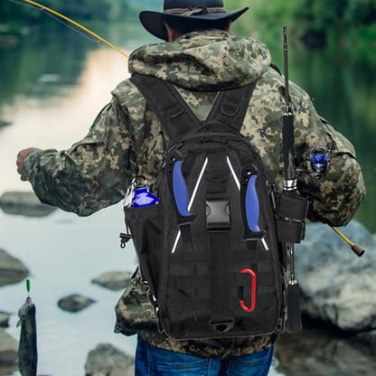Fishing Tackle Bag Sling Shoulder Backpack with Rod & Gear Holder, Water Resistant & Weatherproof, Large Storage
