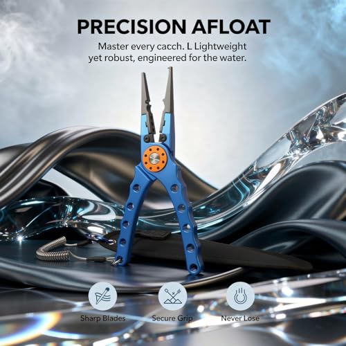Aluminum Fishing Pliers with Stainless Steel Cutters, Sawtooth Jaws, Classic Blue, Includes Lanyard and Sheath, 7.9 x 2 x 0.4 in, 20 x 5 x 1 cm
