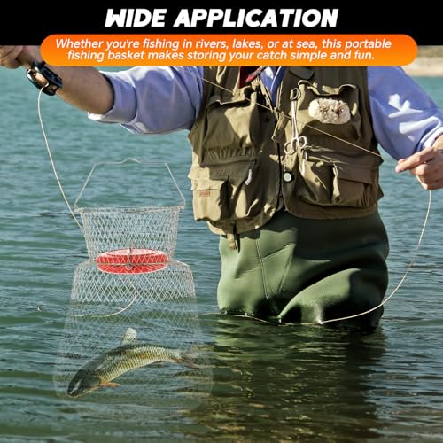 Floatable Galvanized Steel Wire Fish Basket | Collapsible and Portable Fishing Basket Cage, Robust and Easy to Use Fish Basket for Live Catch Outdoors